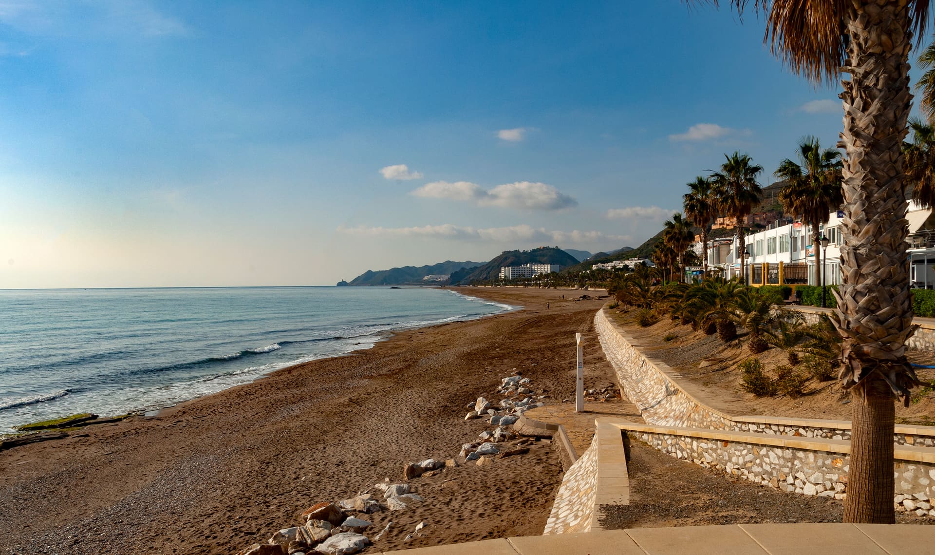 Palm-lined beach promenade on the Almería coast