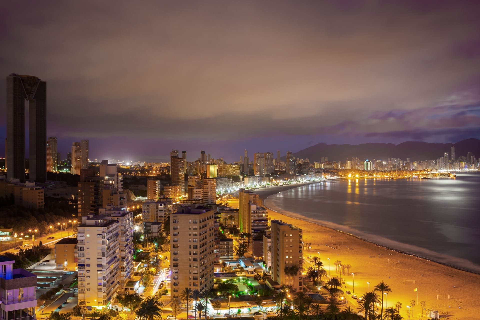 Benidorm skyline and beach at night